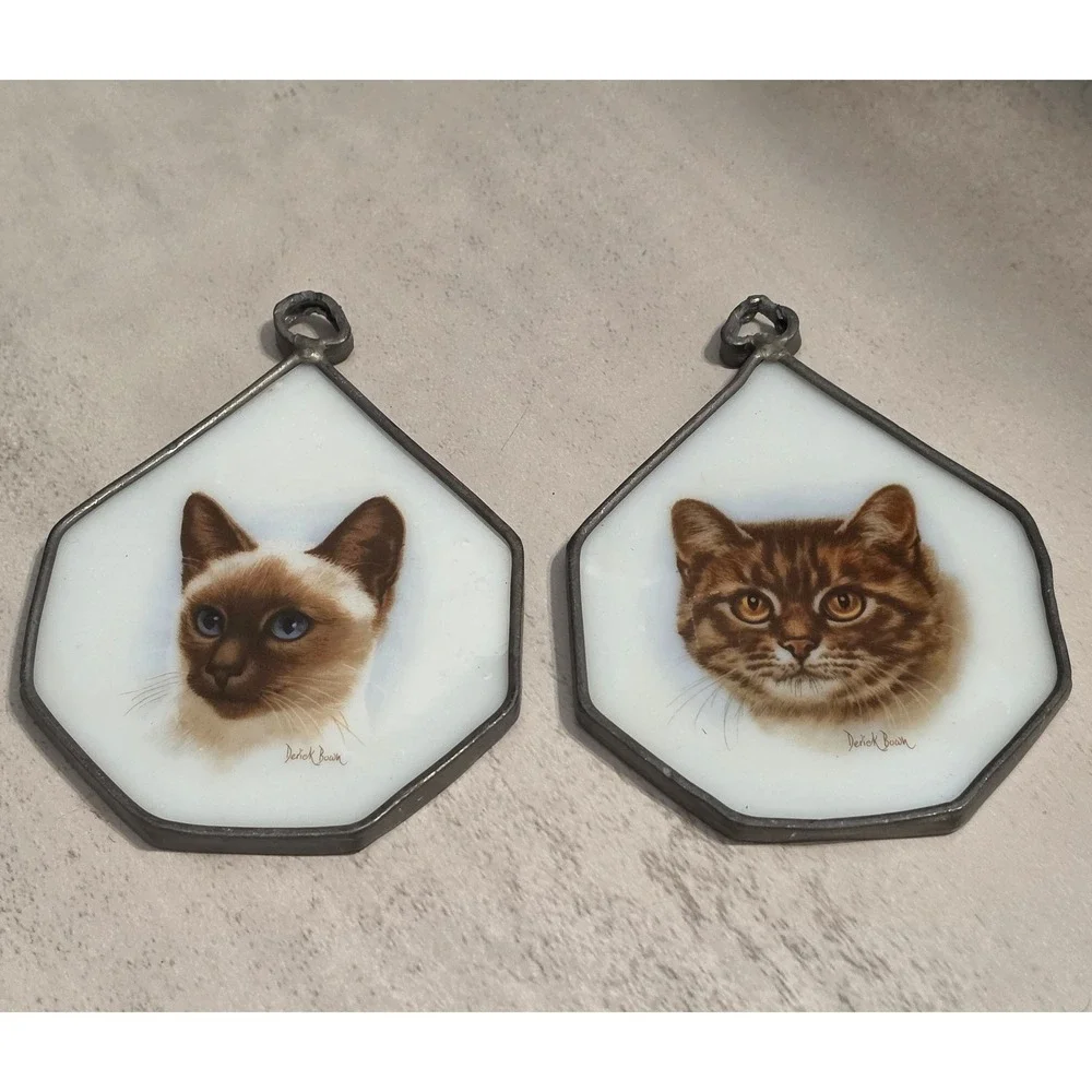 Hand Painted Cat Suncatchers Glass Window Ornament Siamese Tabby Set of 2